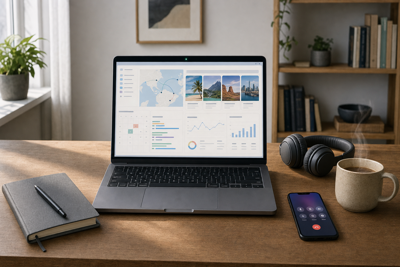 Laptop displaying data analytics on a desk with a notebook, headphones, smartphone, and steaming coffee mug nearby.
