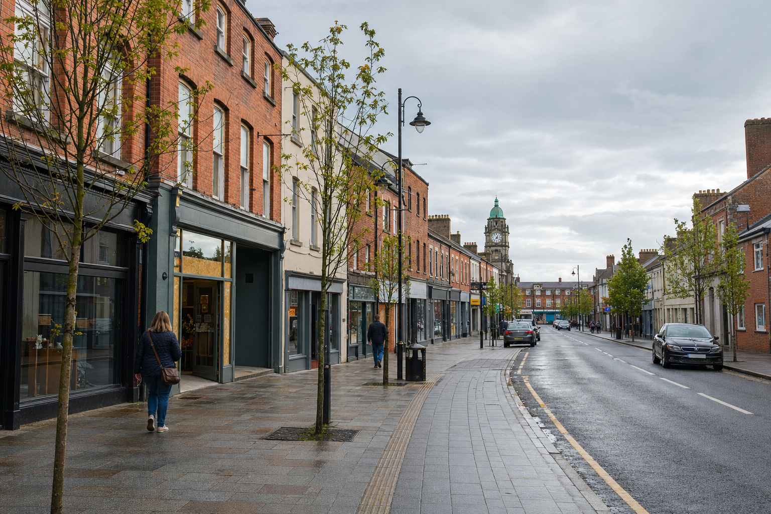 A quiet, wet street lined with red brick buildings and trees, leading to a clock tower under a cloudy sky.
