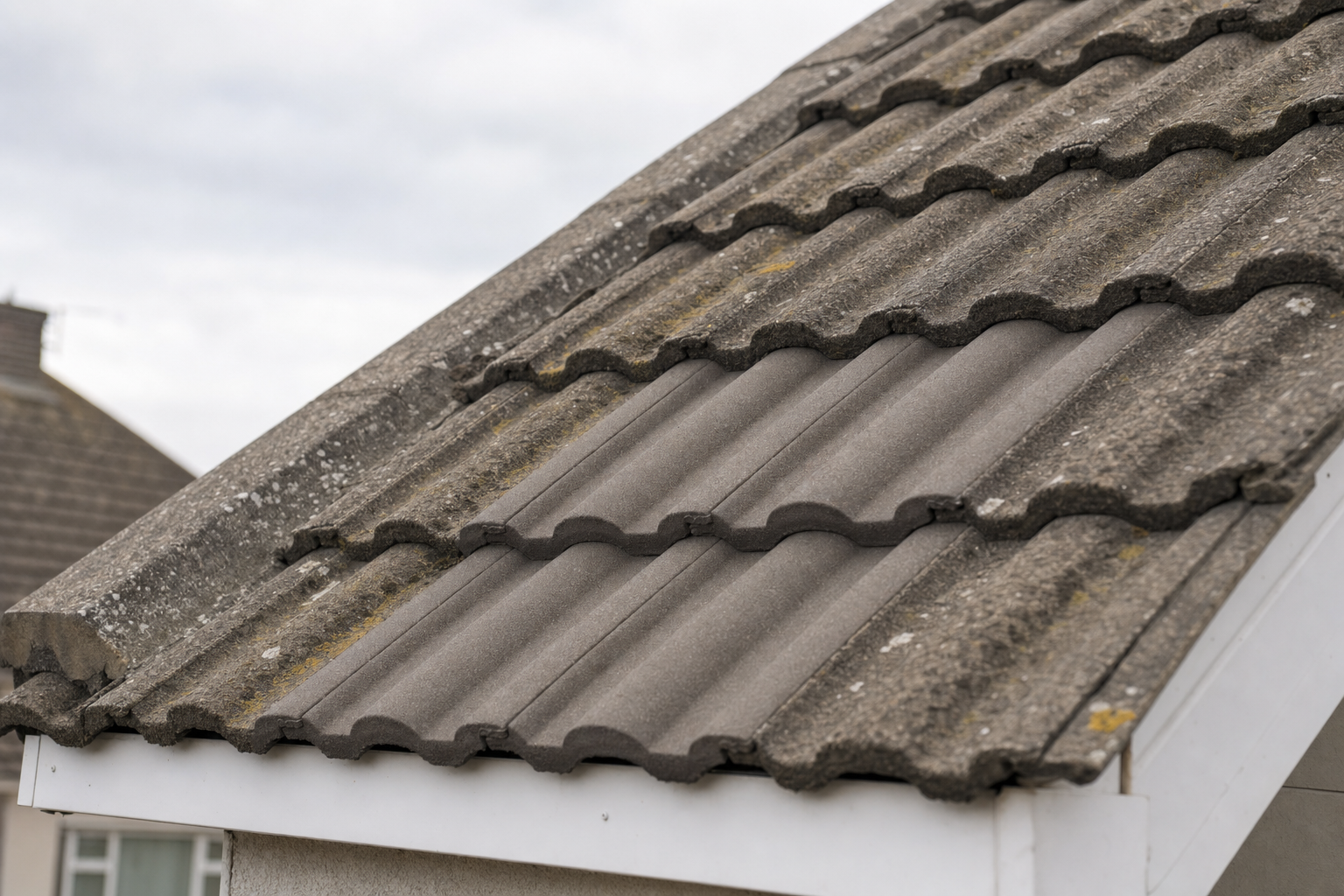 A close-up of a pitched roof with corrugated grey tiles showing some weathering.
