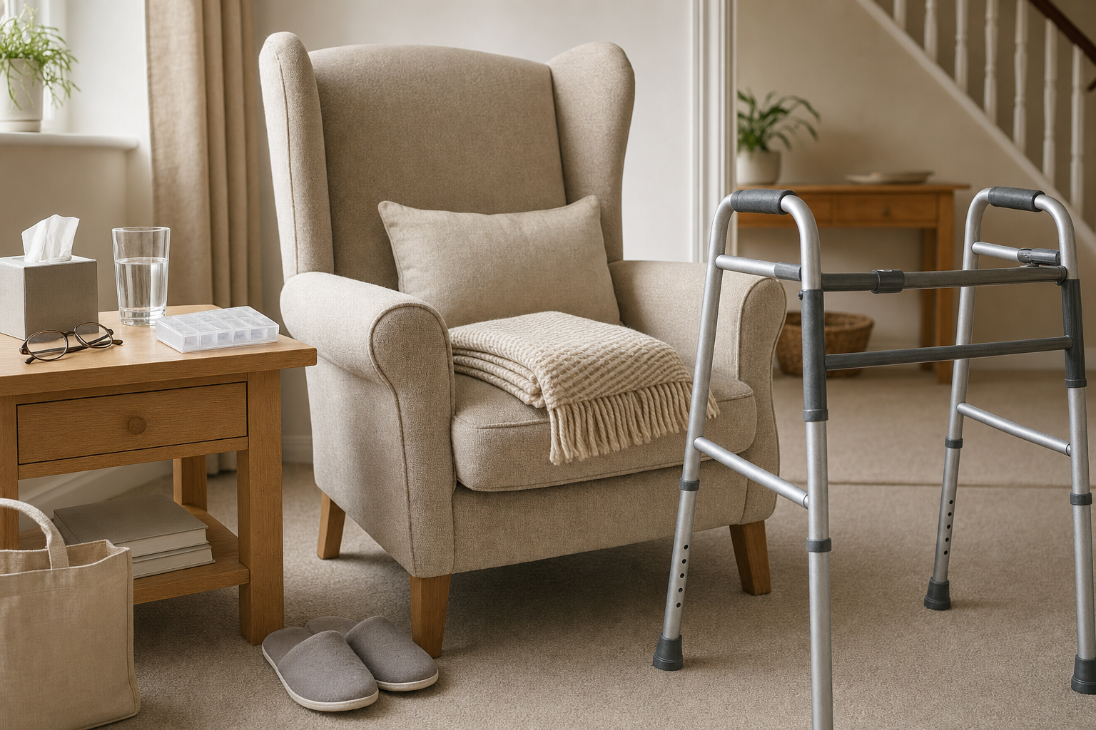 Cosy living room corner with an armchair, blanket, walker, and side table with a glass of water and tissue box.