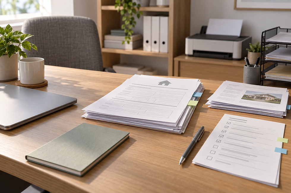 Tidy office desk with documents, laptop, notebook, pen, and potted plant near a window with daylight streaming in.