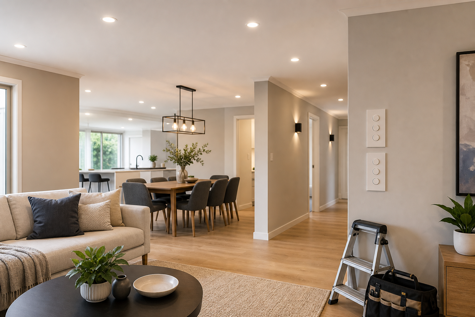 Modern open-plan living area with a dining table, sofa, and contemporary decor.
