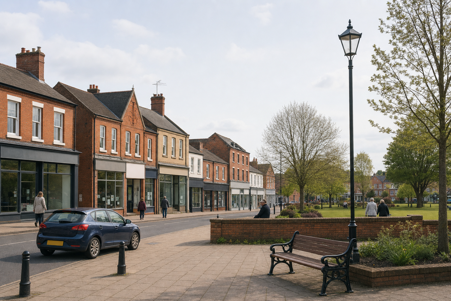 A quiet street scene with people walking, parked car, brick buildings, and a small park featuring trees and benches.