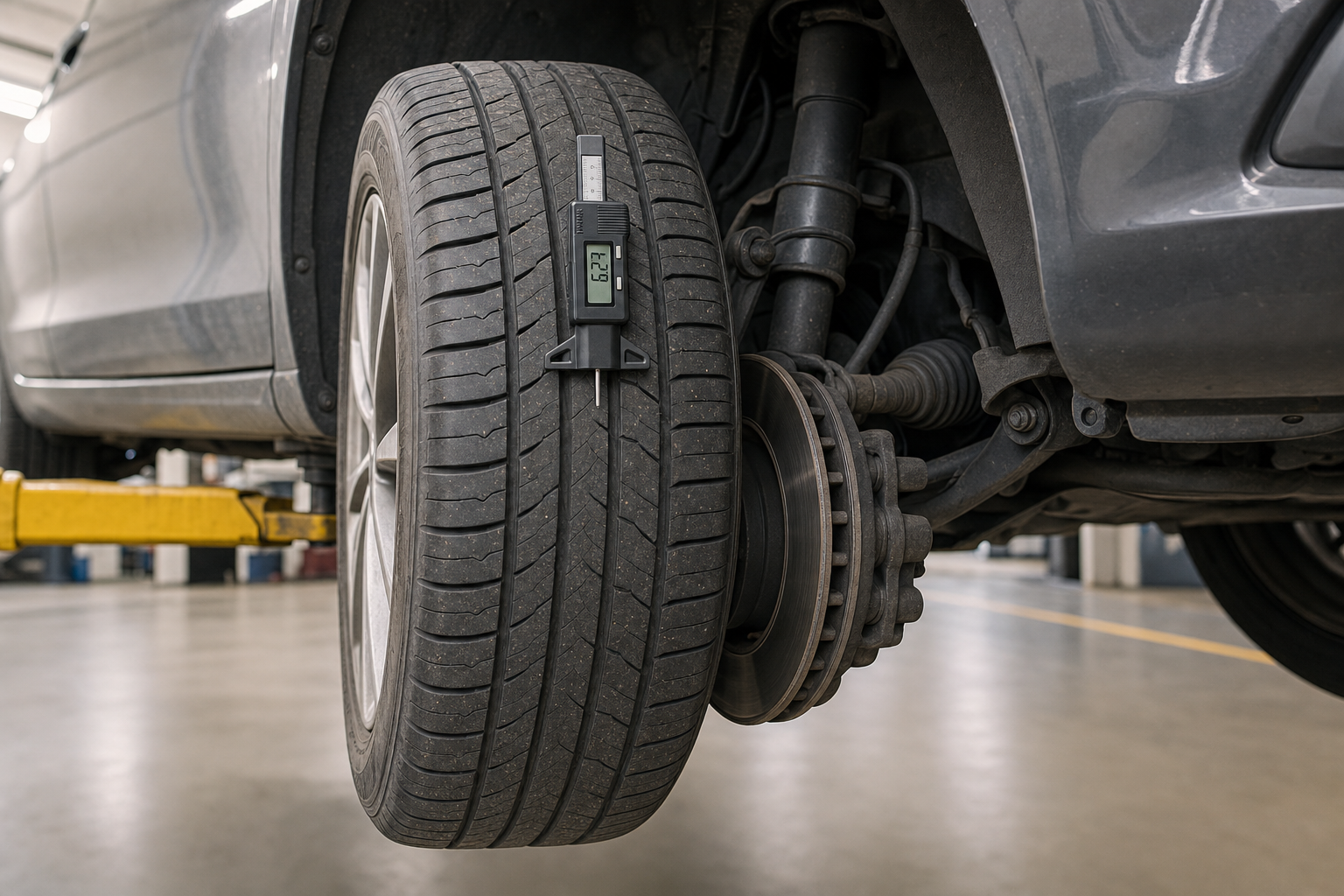 A car tyre with a digital tread depth gauge is elevated on a hydraulic lift in a garage.