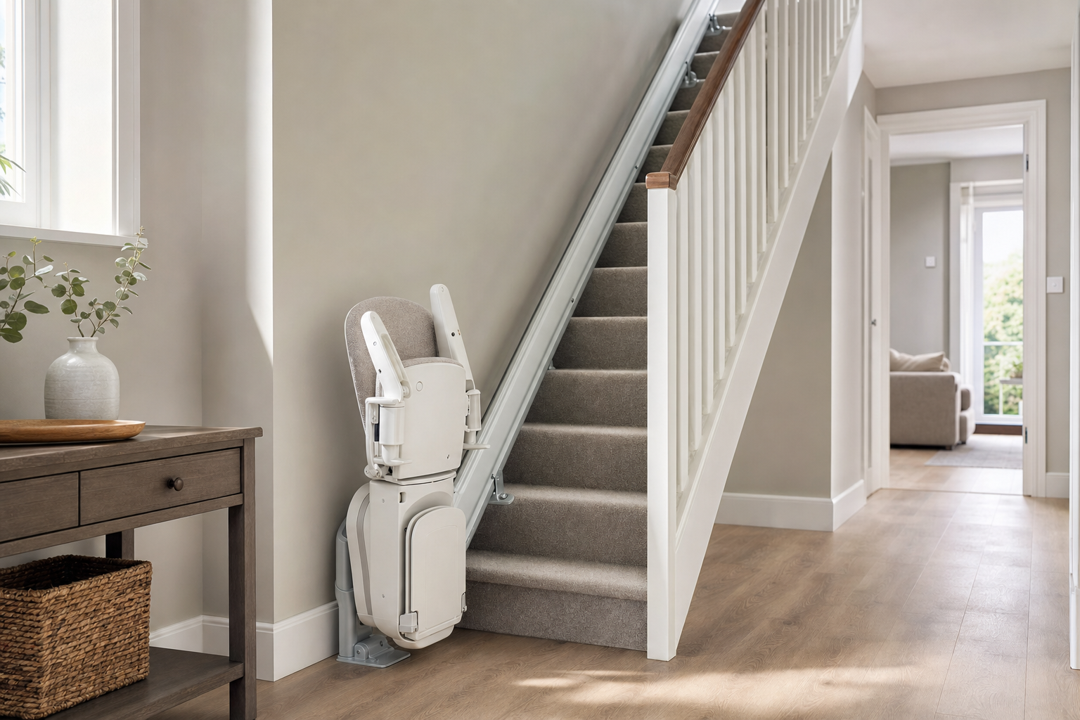 A modern stairlift on a carpeted staircase in a bright home interior with wooden flooring and a hallway.