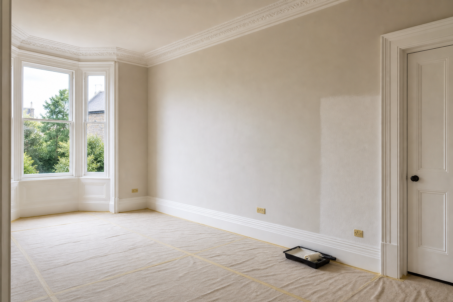 An empty room with a partially painted wall, roller tray, large window, and door, ready for interior decoration.