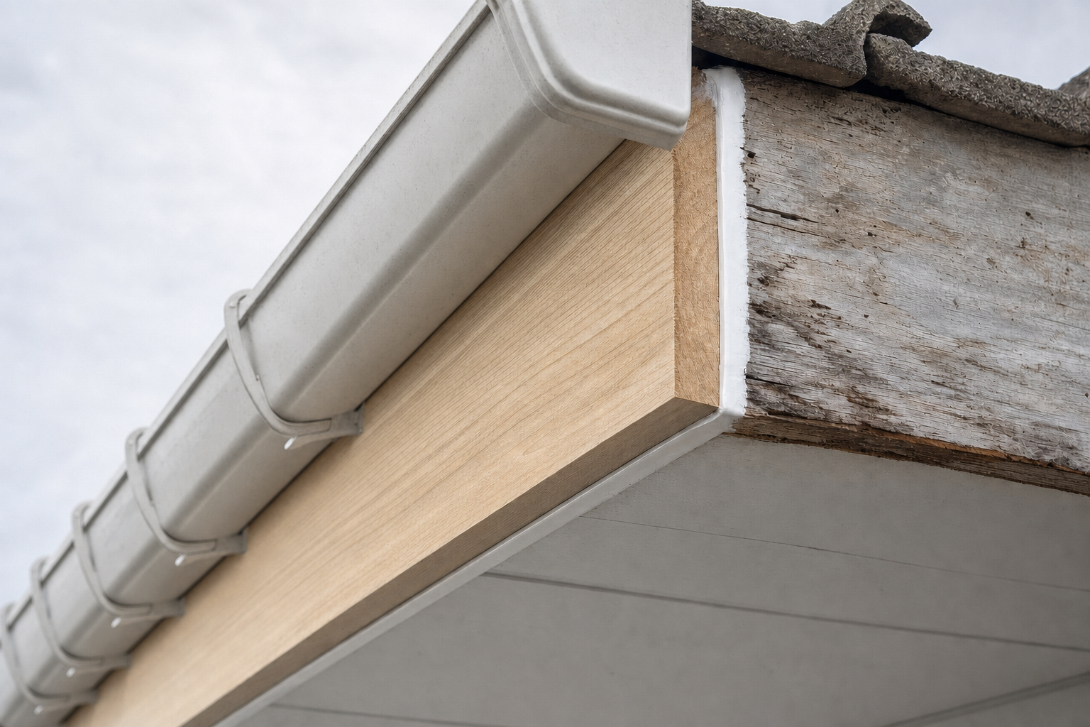 Close-up of a roof edge showing a white gutter and newly installed wooden fascia.