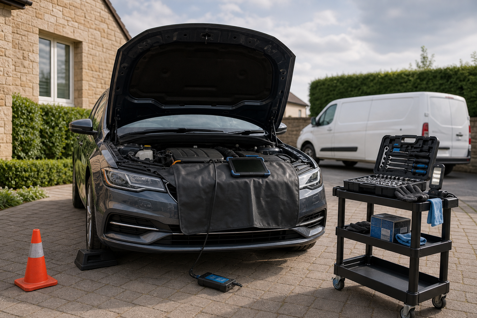 Car with hood open for repair, surrounded by tools and equipment on a cart in a driveway.
