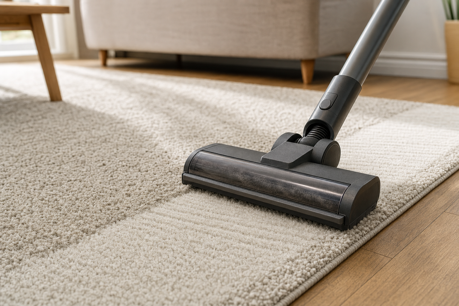 A vacuum cleaner head glides over a beige carpet in a bright room with wooden flooring.