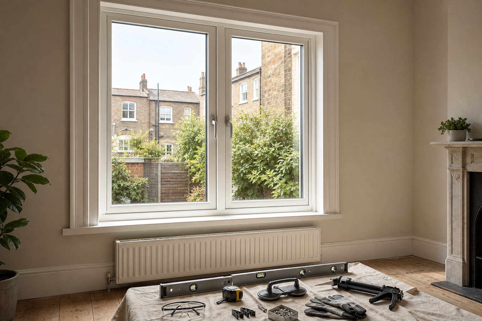 Window installation tools arranged in a room with a view of brick houses and greenery outside.