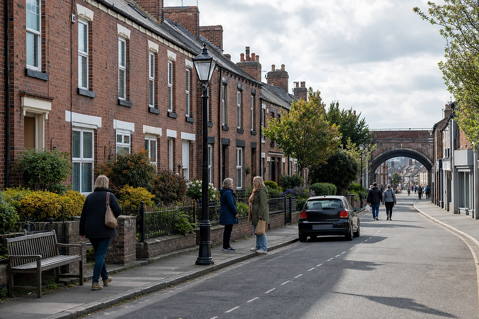 A quiet street with people walking and talking near rows of brick terraced houses and an arched railway bridge.