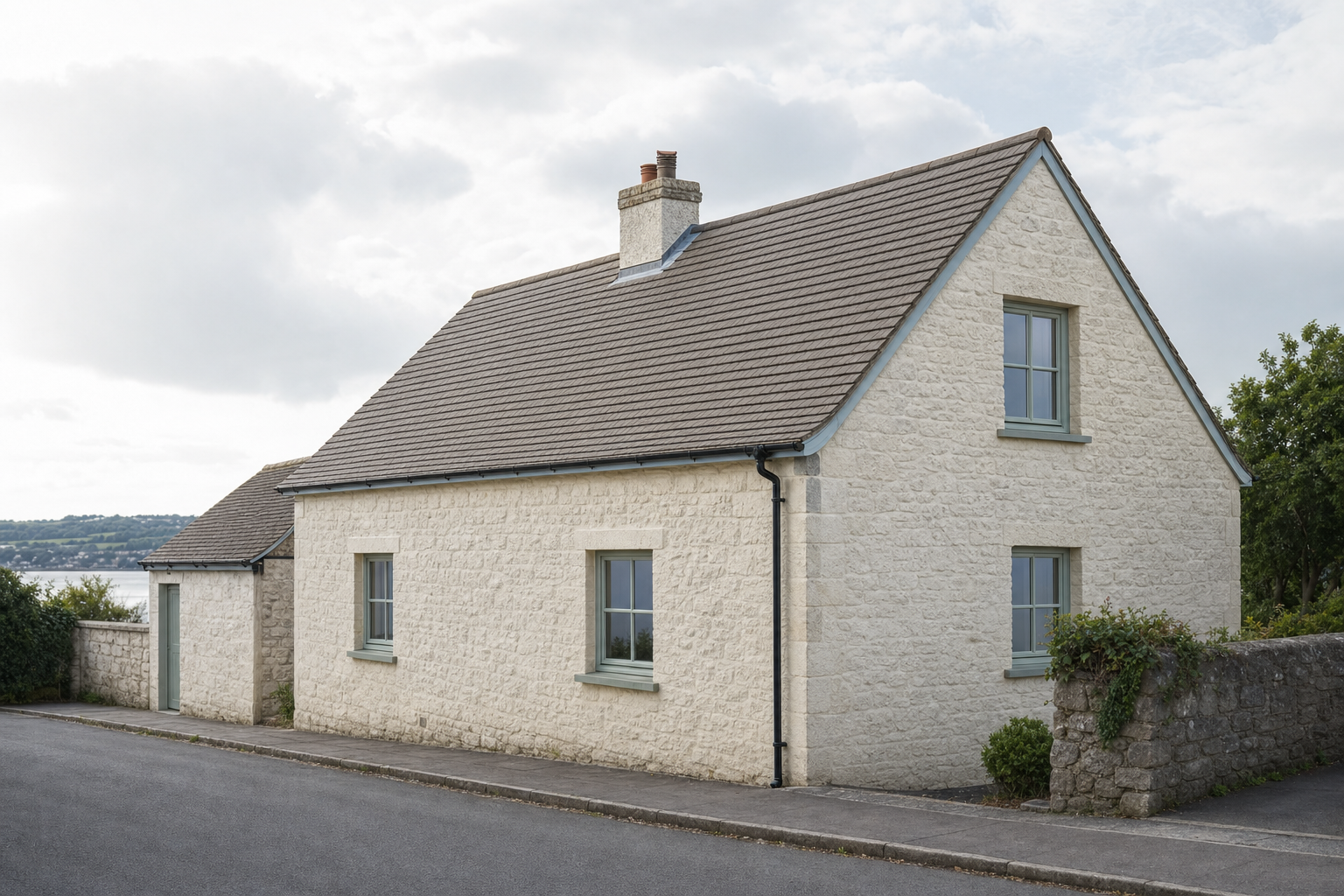 Stone cottage with a grey roof and green window frames, situated by the roadside with a view of the sea in the background.