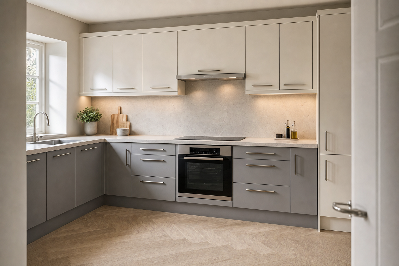 Modern kitchen with sleek grey and white cabinets, a built-in oven, and natural light from a window above the sink.