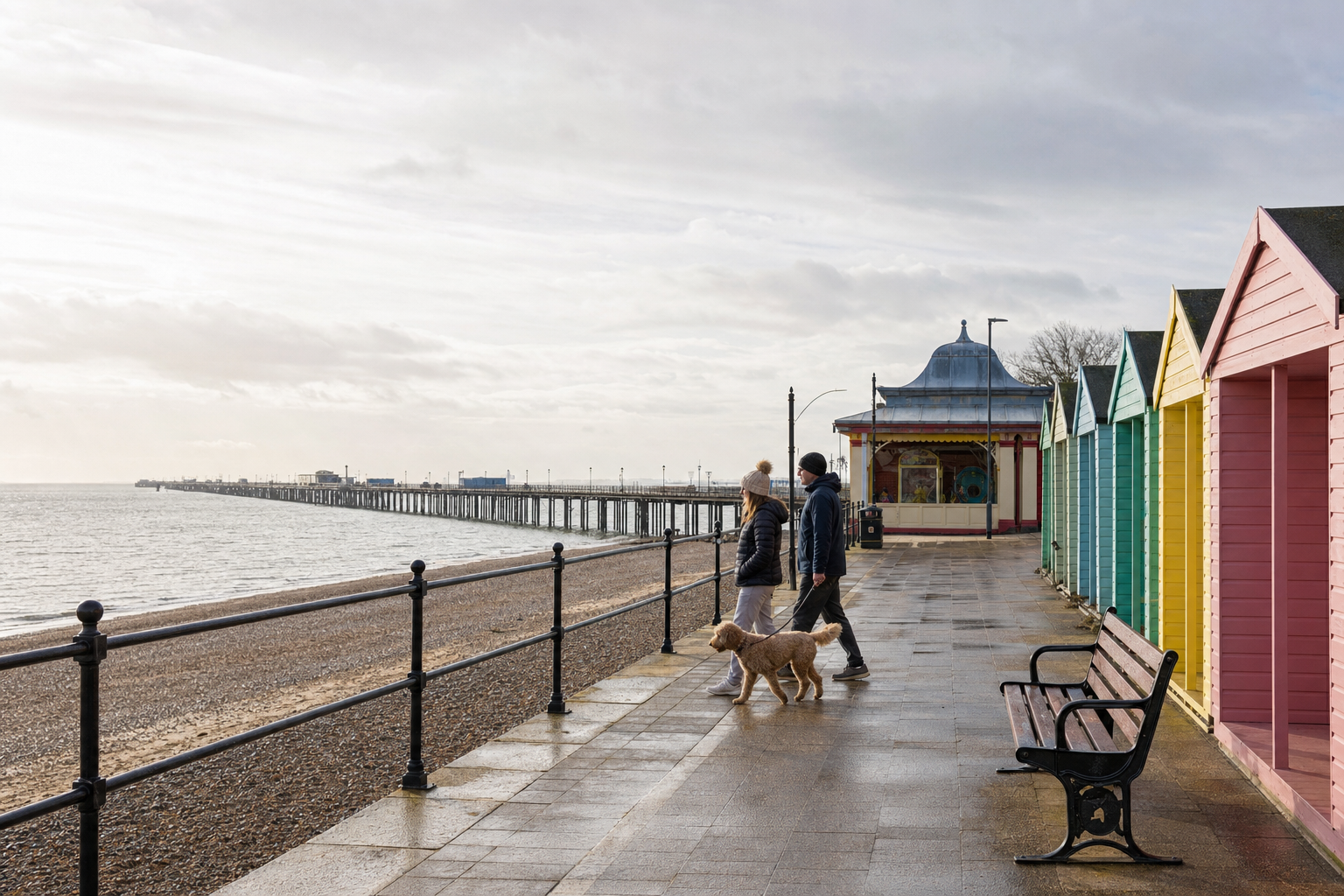 A couple walks their dog along a seaside promenade beside colourful beach huts and a pier.