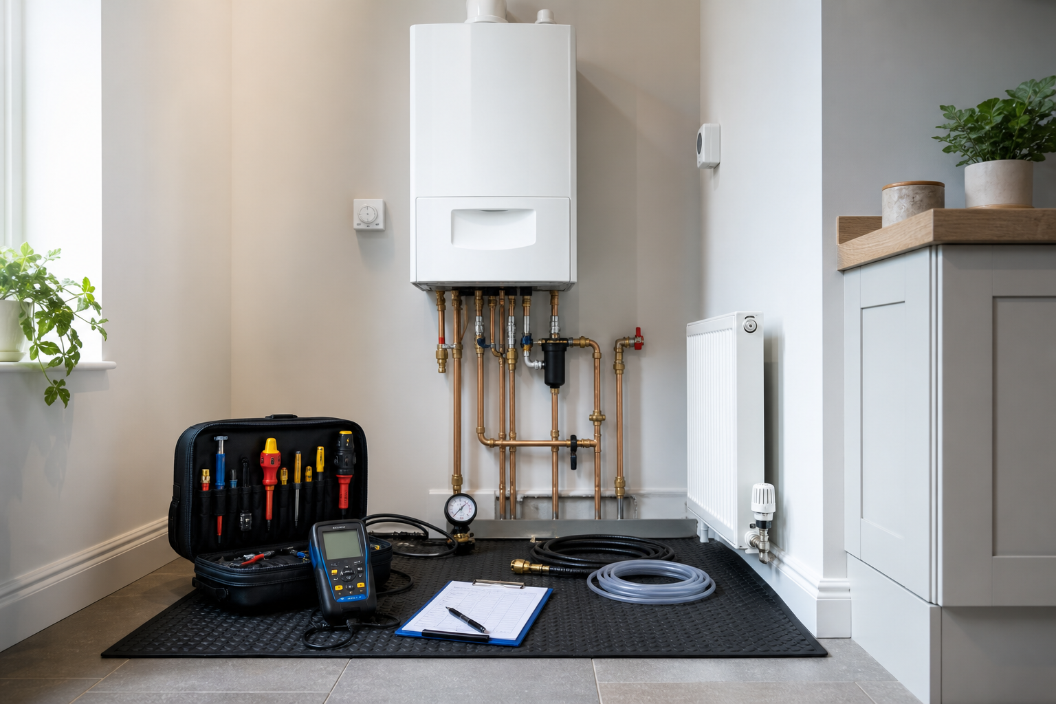 Home boiler installation tools and materials arranged on the floor.