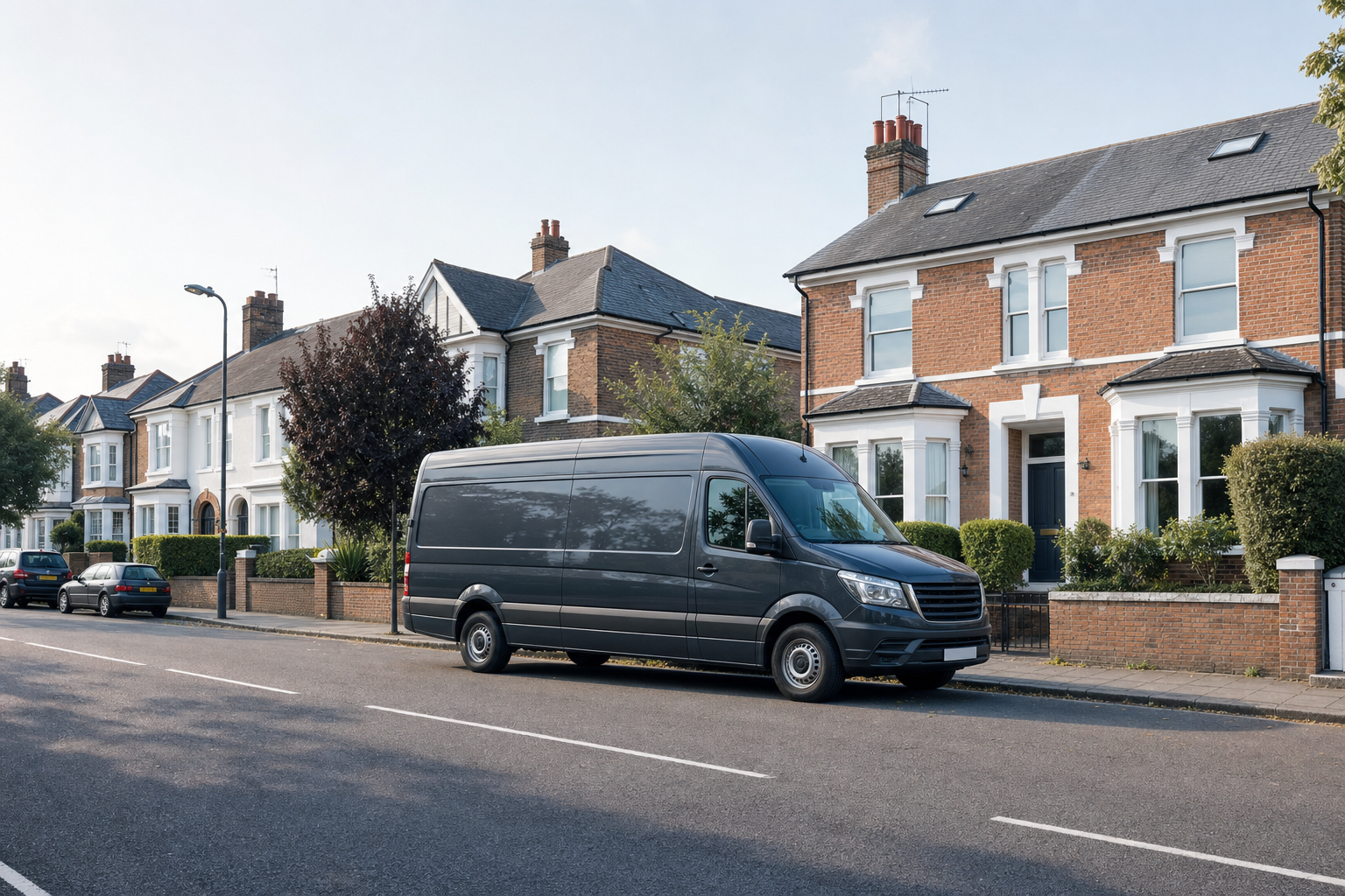 A grey delivery van parked on a quiet residential street with brick houses in the background.