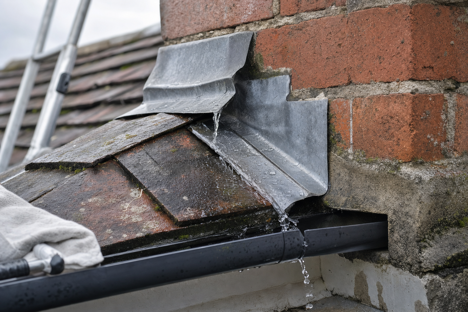 Water leaking from a roof valley flashing near a brick chimney into a clogged gutter.