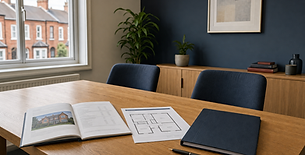 Office meeting room with a wooden table, open real estate brochure, floor plan, and pen, overlooking red-brick houses.