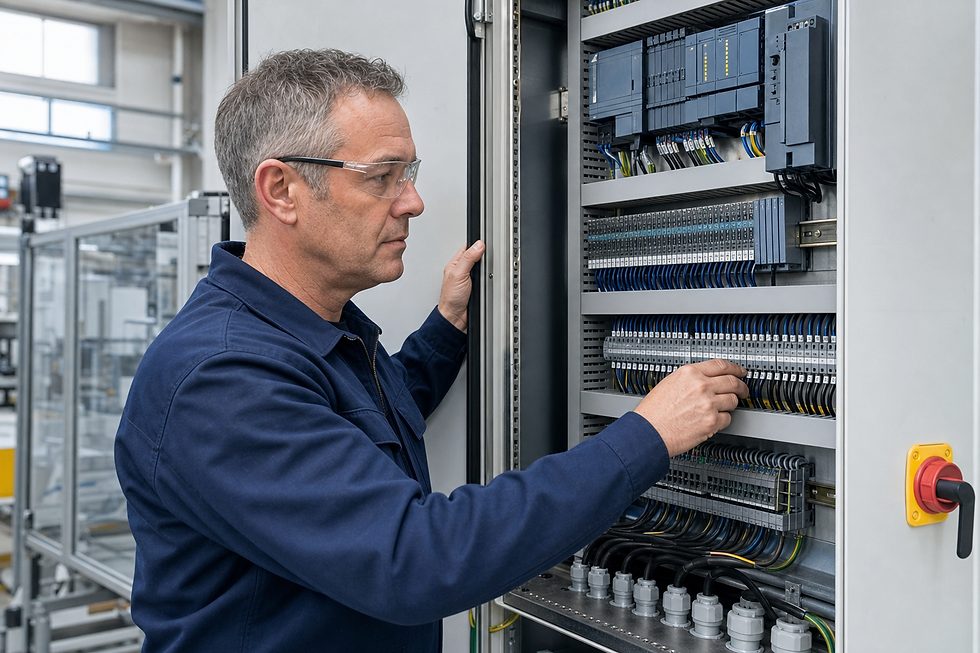 Engineer in safety glasses adjusts wiring inside an industrial control panel.