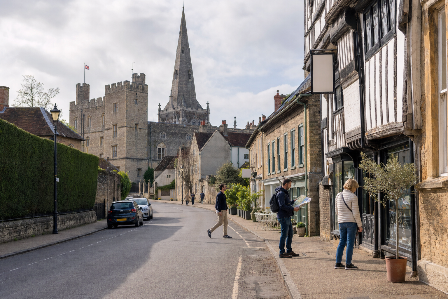A historic street scene with people walking and an ancient church and castle in the background.