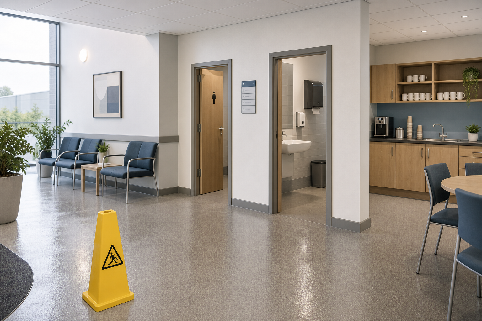 A waiting room with a caution sign, blue chairs, a small kitchenette, and a restroom door slightly ajar.