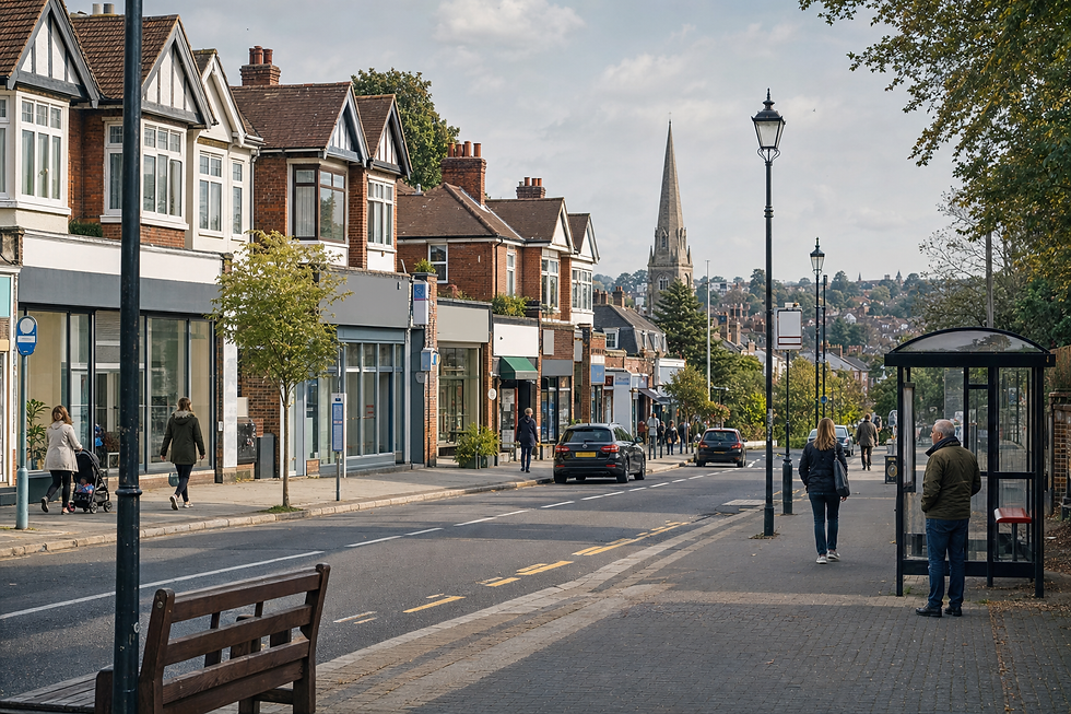 A bustling village street with shops, pedestrians, parked cars, and a distant church spire under a cloudy sky.