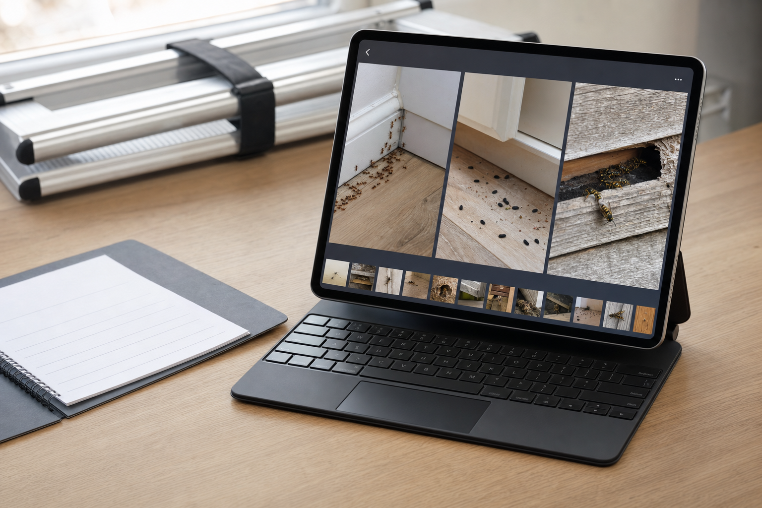 A laptop displays images of pests and damage, with a notepad and a folded ladder nearby.