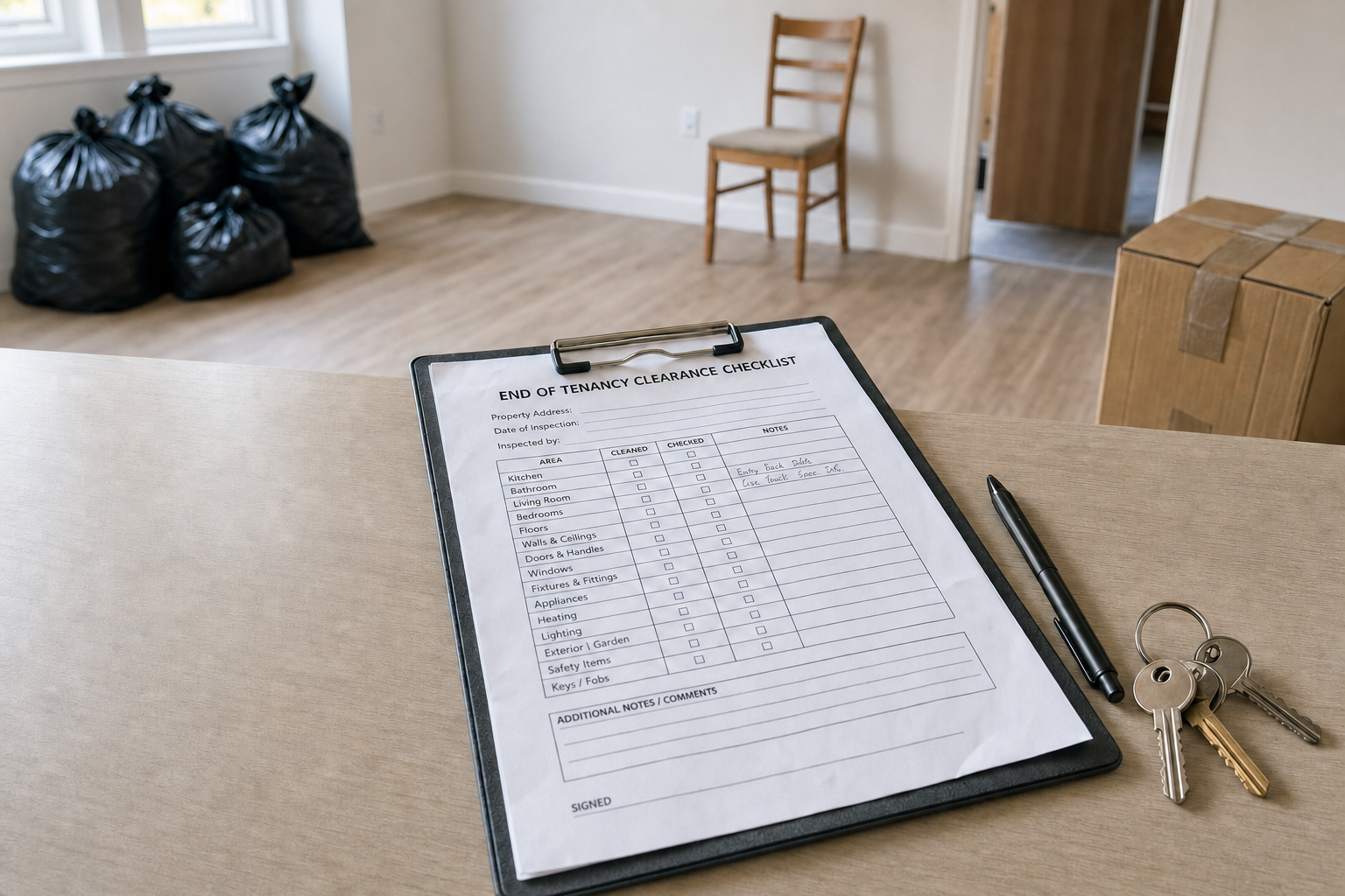 End of tenancy checklist on a clipboard with keys and a pen nearby in a partially empty room.