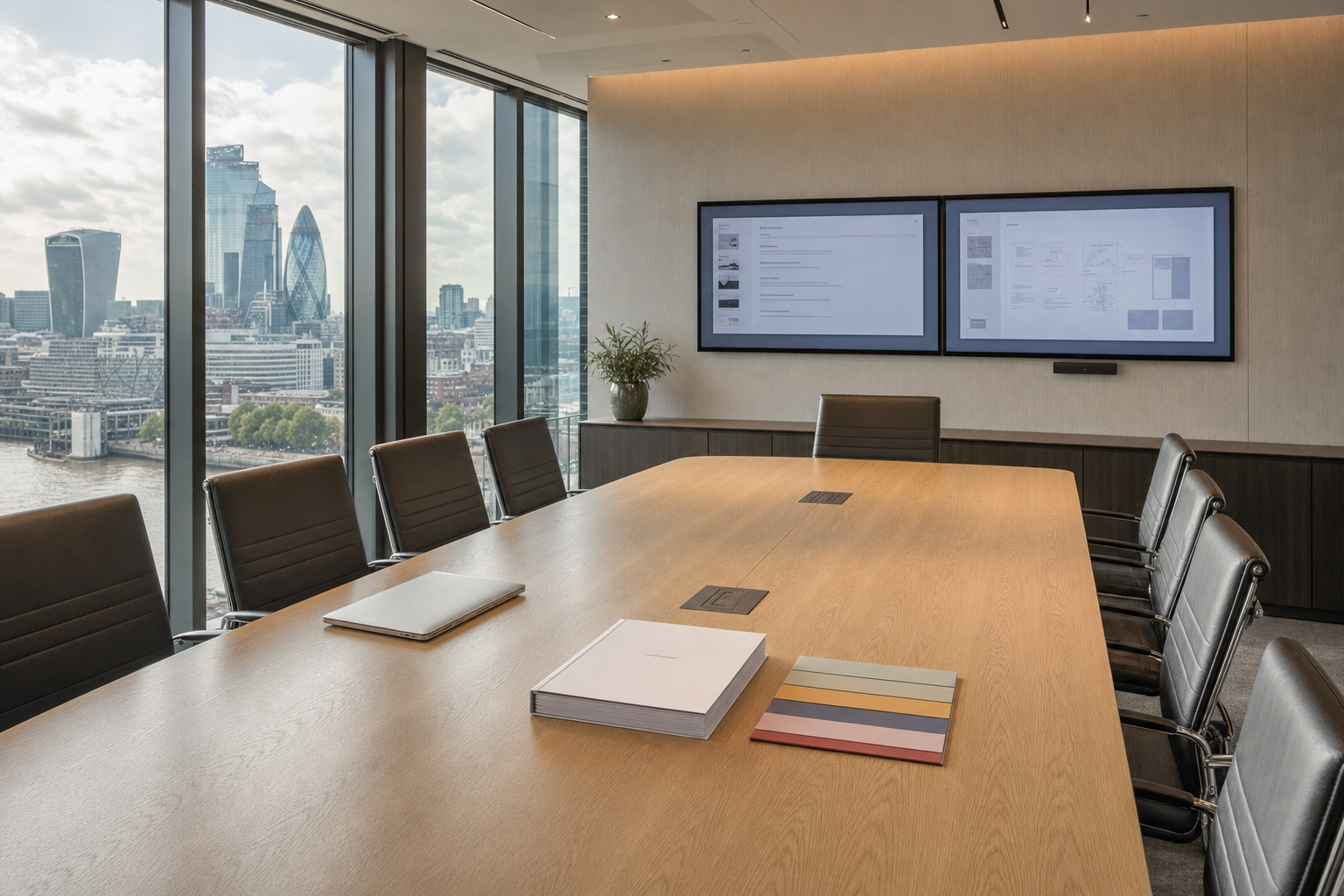 Modern boardroom with a large wooden table, leather chairs, and a view of London skyscrapers through wide windows.