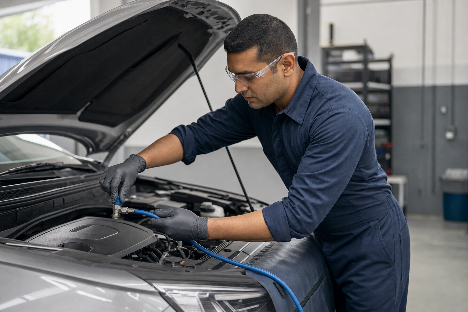 Mechanic in a workshop servicing a car engine with tools, wearing protective gloves and goggles.