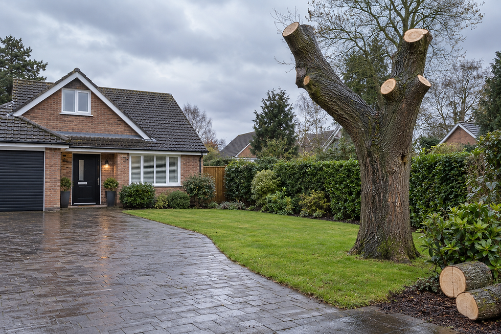 A detached house with a trimmed tree in the front garden and a wet driveway, set against a cloudy sky.