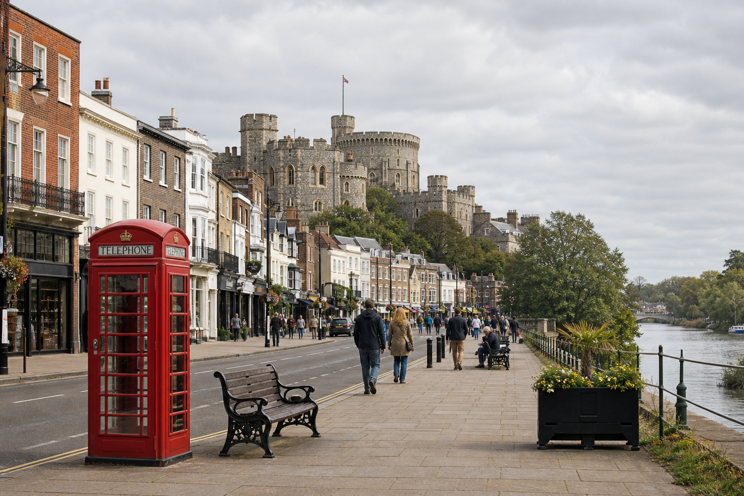 A red telephone box and people walking on a riverside street near Windsor Castle.