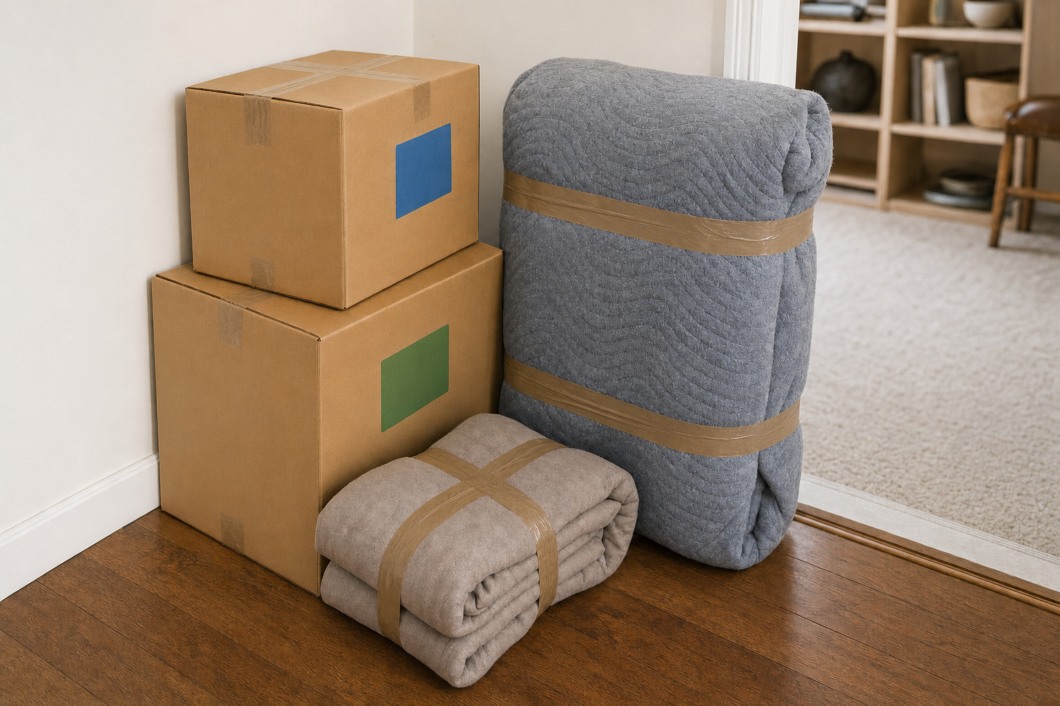 Cardboard boxes and wrapped blankets arranged on a wooden floor in a home setting.