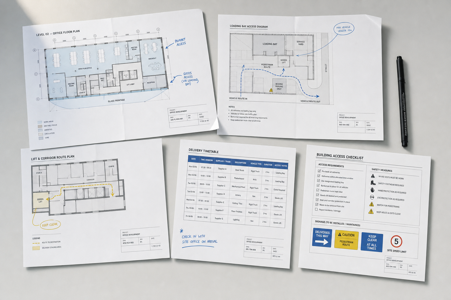 Architectural floor plans and documents displayed with a pen.