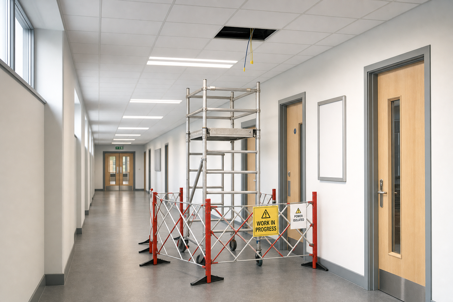 Scaffold tower in a corridor with warning signs for ongoing ceiling maintenance work.