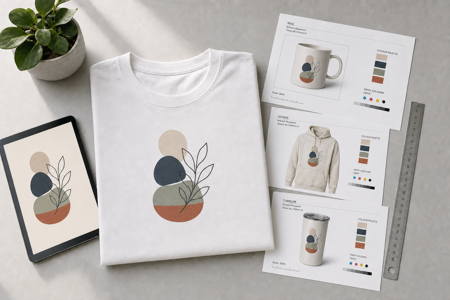 A minimalist abstract design on a T-shirt is shown with product mock-ups for a mug, hoodie, and tumbler.