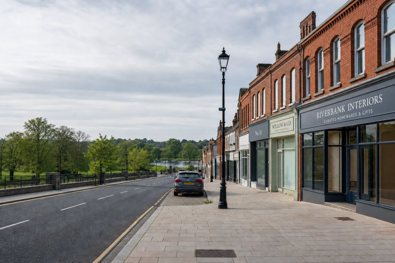 A quiet street lined with red brick shops and a single parked car, with a park visible in the background.