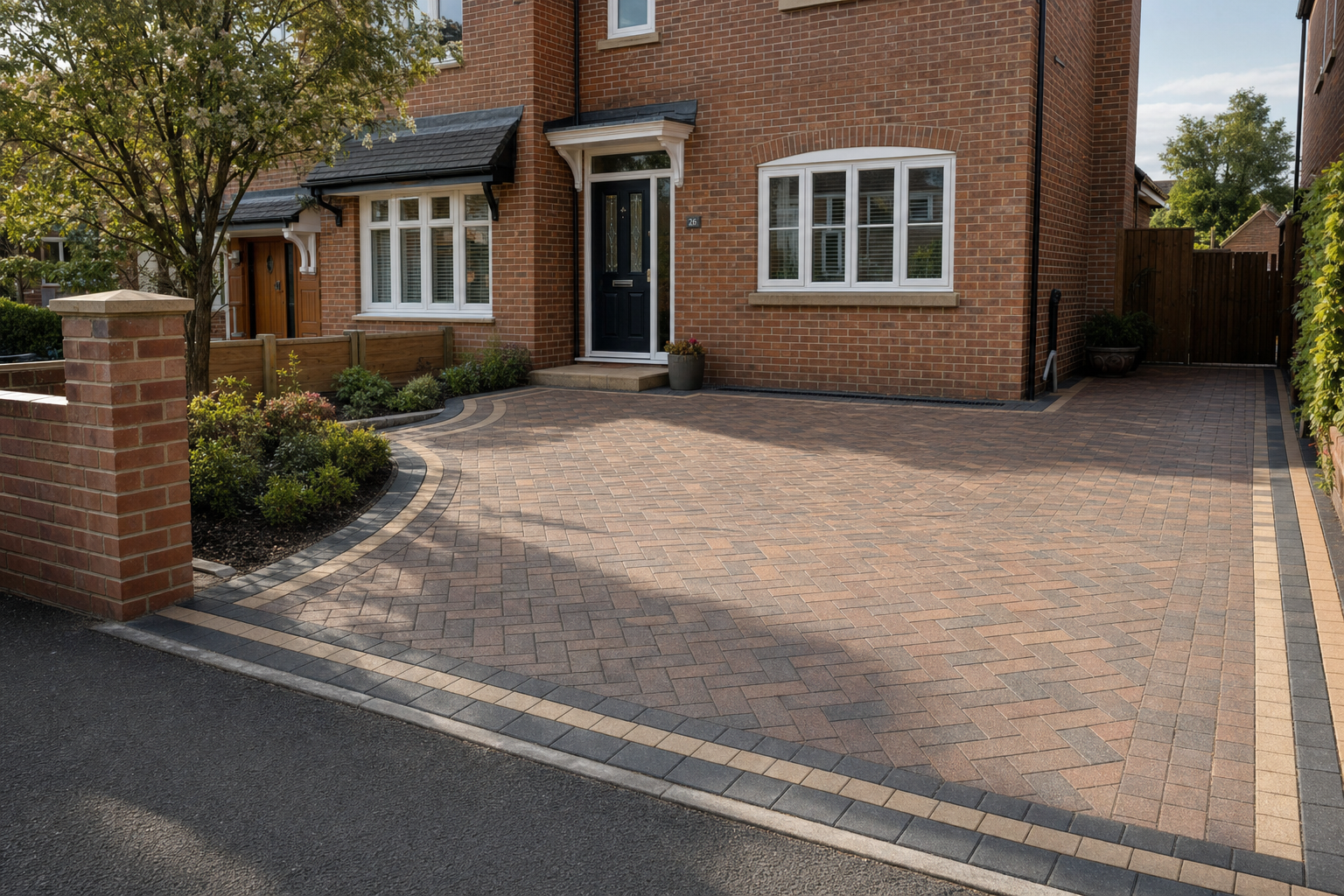 A neat brick house with a well-maintained block-paved driveway and small garden.