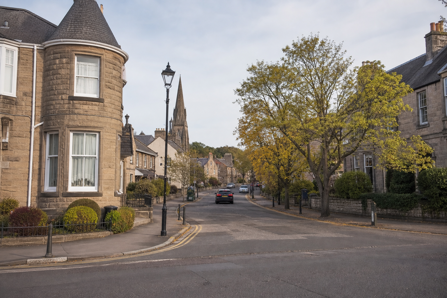 Quaint street lined with stone buildings, trees, and a distant church spire.