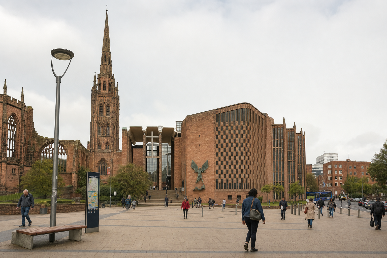 Coventry Cathedral with people walking around the plaza on a cloudy day.