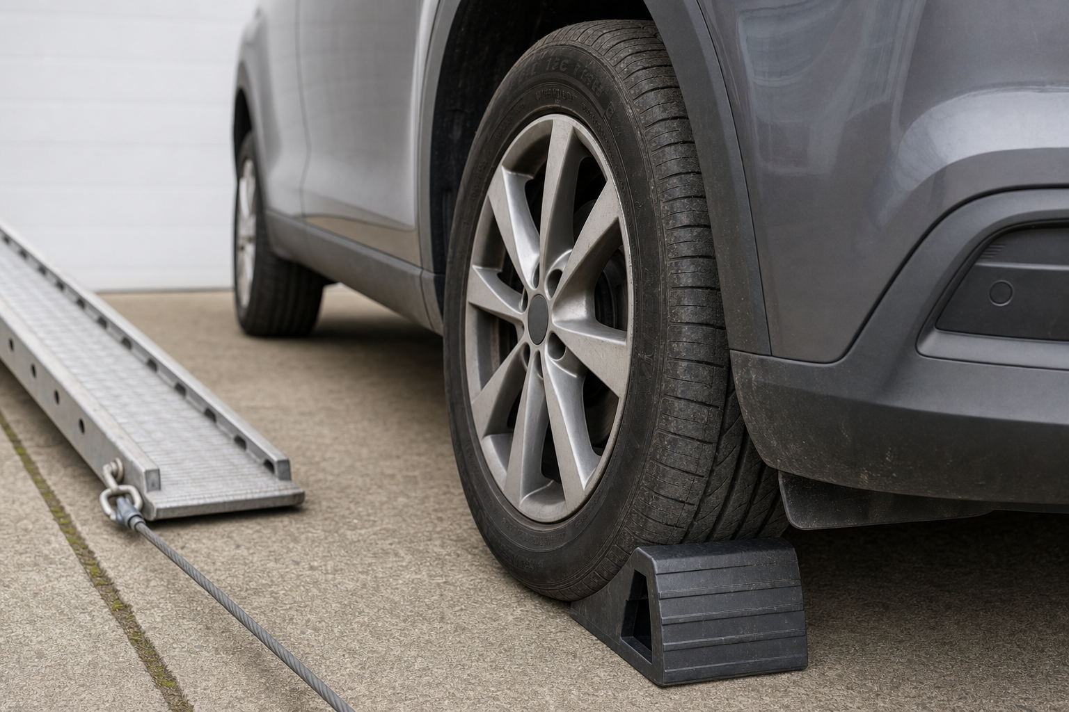 A car's rear tire is secured by a wheel chock, with a towing ramp and cable beside it.