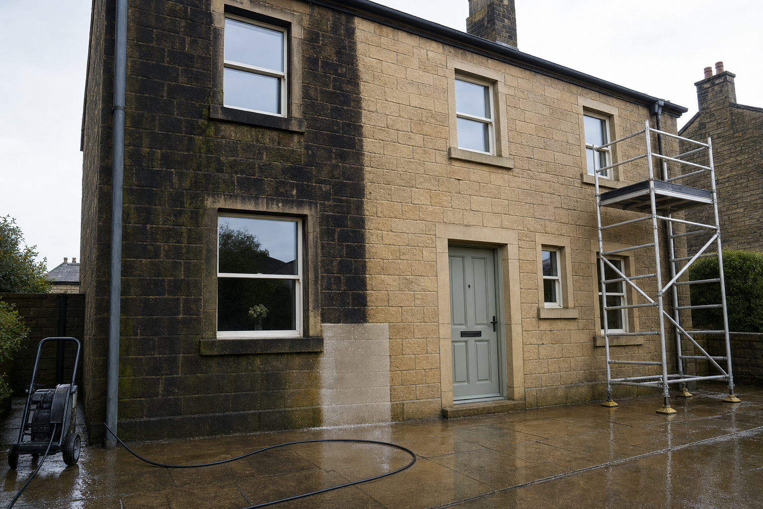 A house exterior shows a dramatic contrast between cleaned and dirty stonework, with scaffolding and cleaning equipment visible.