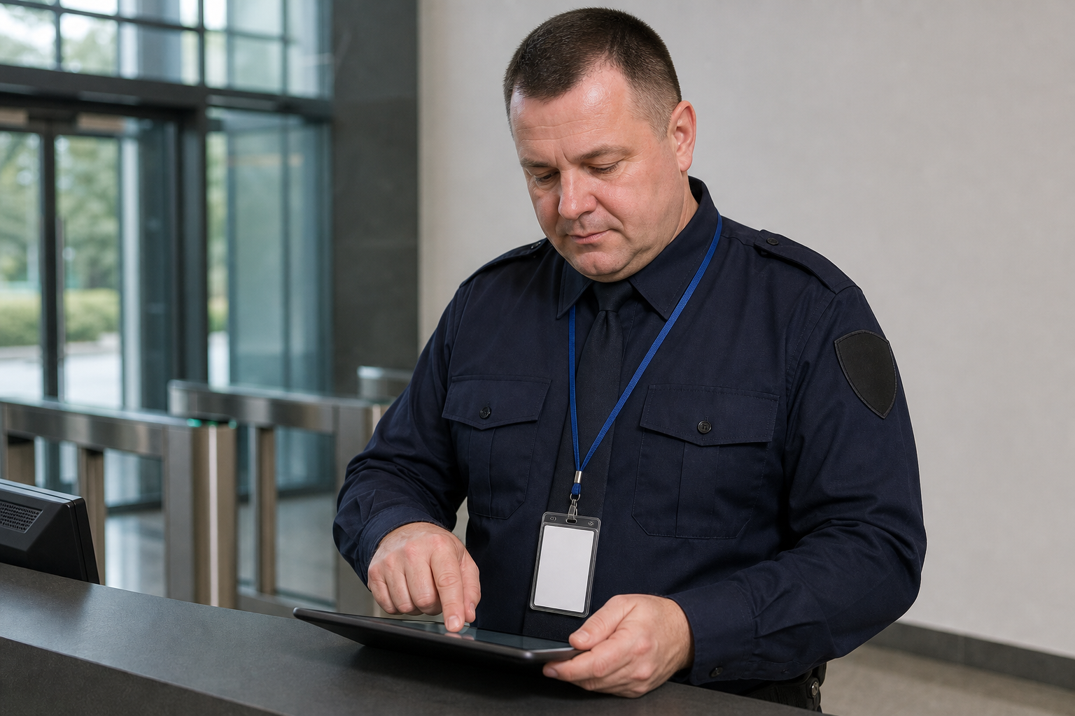Security officer in uniform using a tablet at an office building reception desk.
