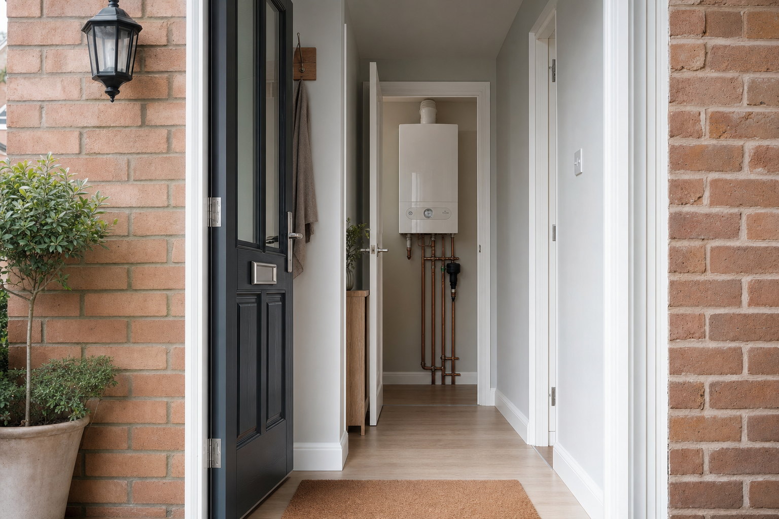 Open hallway with a boiler visible in a cupboard, viewed from the entrance beside a brick wall and potted plant.