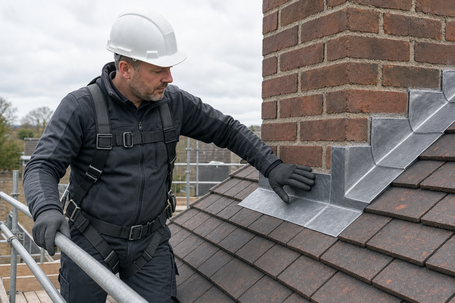Construction worker in safety gear inspecting roof flashing around a brick chimney.