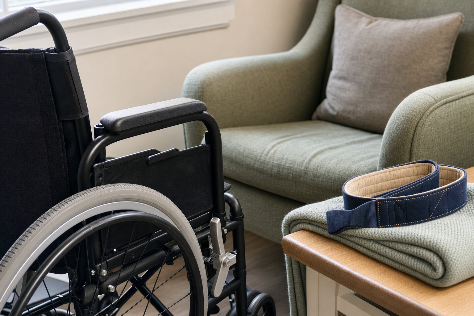 A wheelchair next to an armchair and folded blanket on a table in a cosy room.