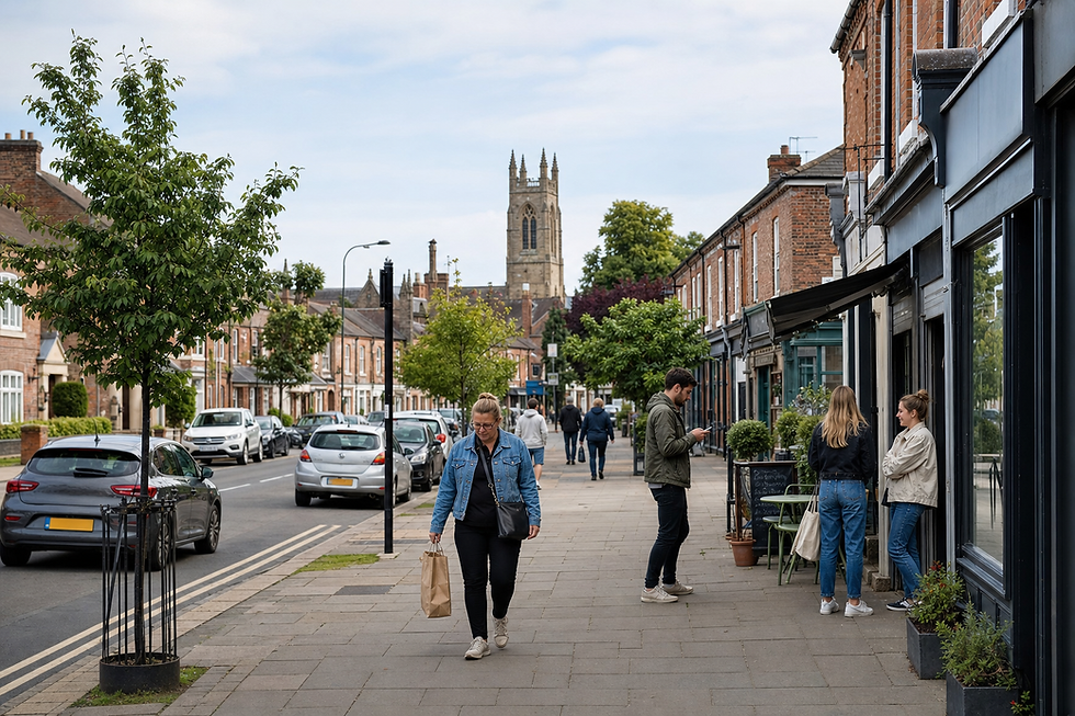 People walking along a charming British high street with a church tower in the background.