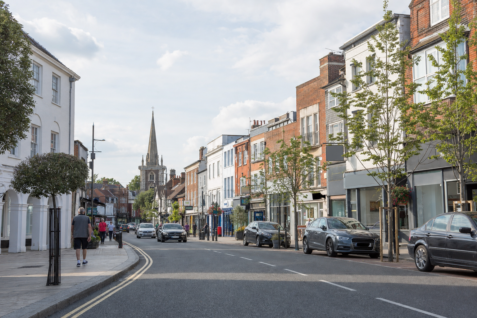 A quiet street with parked cars and pedestrians, leading to a church with a tall spire in the distance.