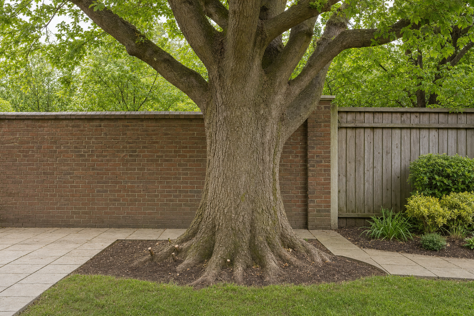 Large tree trunk with spreading roots in front of a red brick and wooden fence, surrounded by greenery and paving stones.