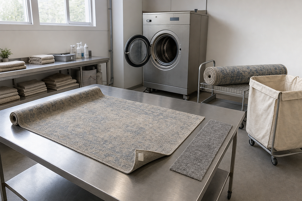 A laundry room with a rolled-up rug on a table, open washing machine, and various folded towels on shelves.